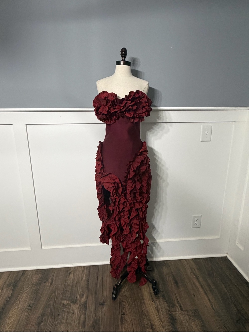 AKIRA Strapless Ruffled Burgundy Evening Dress